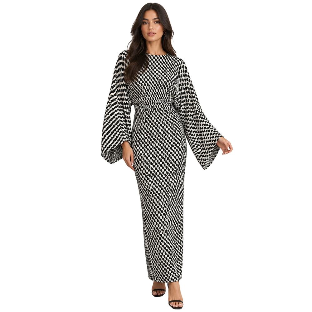 Solace London Mirabelle Black White Geometric Long Sleeve Maxi Dress Size 2